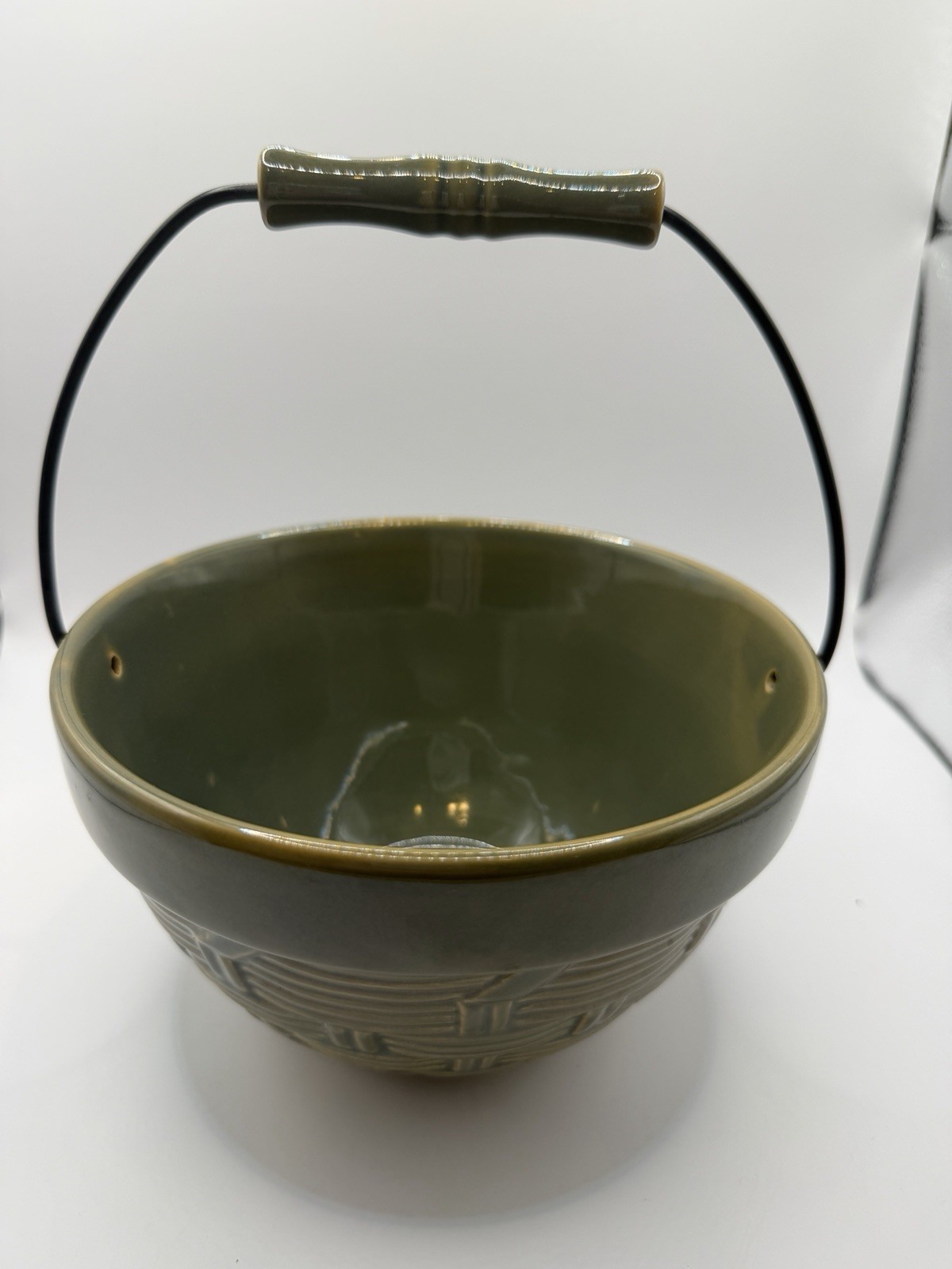 WCL Green Ceramic Basketweave Decorative Basket with Handle, Glossy Finish