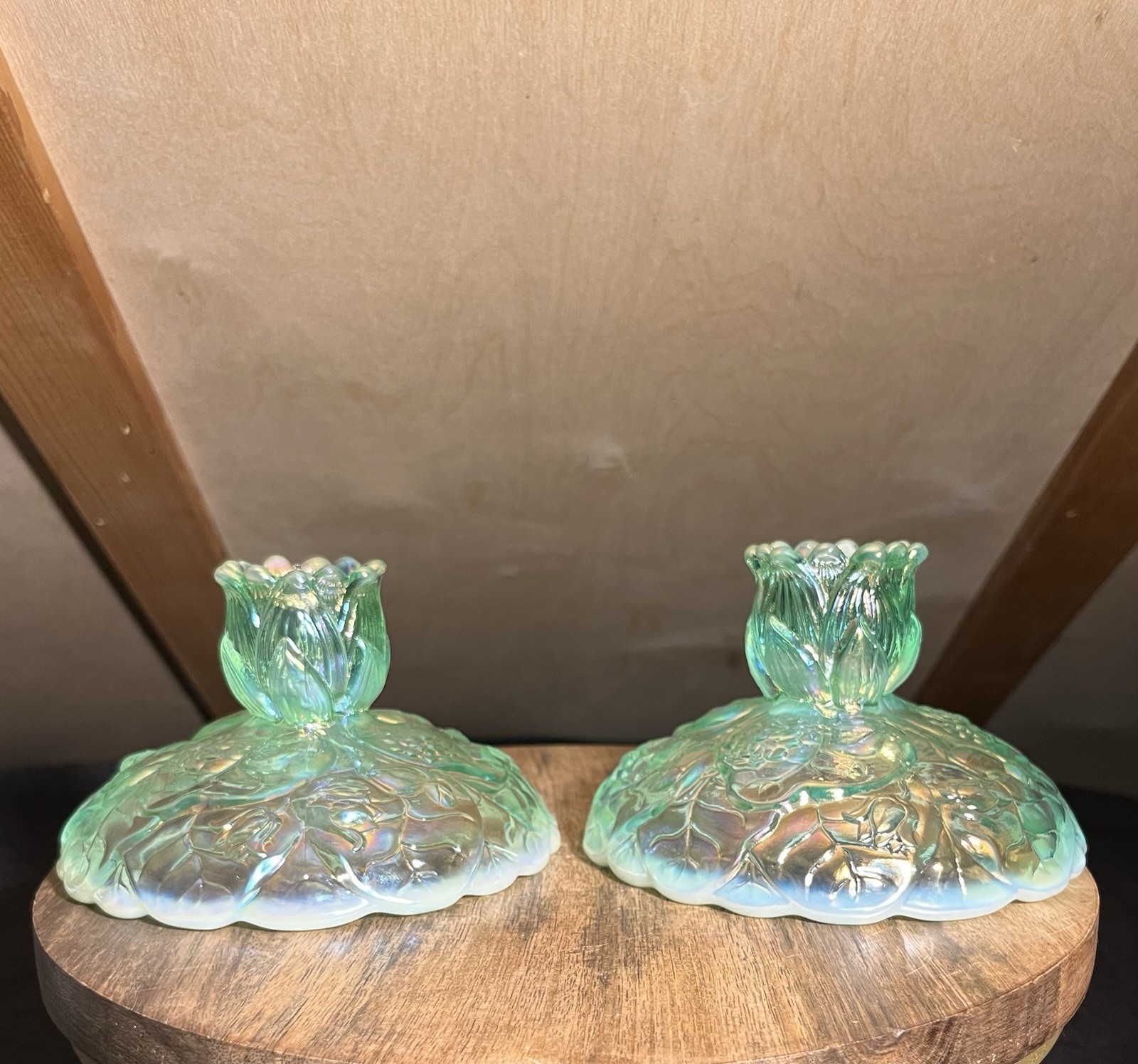 Fenton Glass Iridescent Seafoam Green Opalescent Water Lily Candlestick Holders