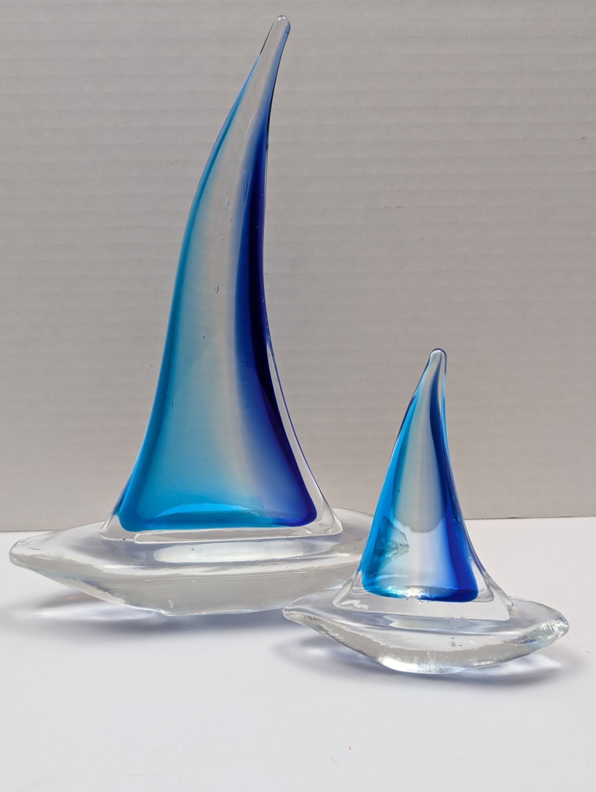 Vintage Art Glass Sailboat Set Blue Clear Hand Blown Murano Style Nautical Decor