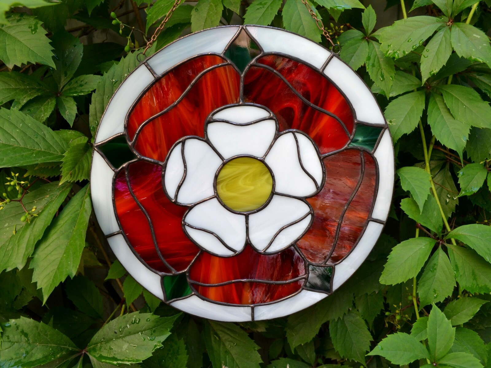 Tudor Rose Round Stained Glass Window Panel 10″
