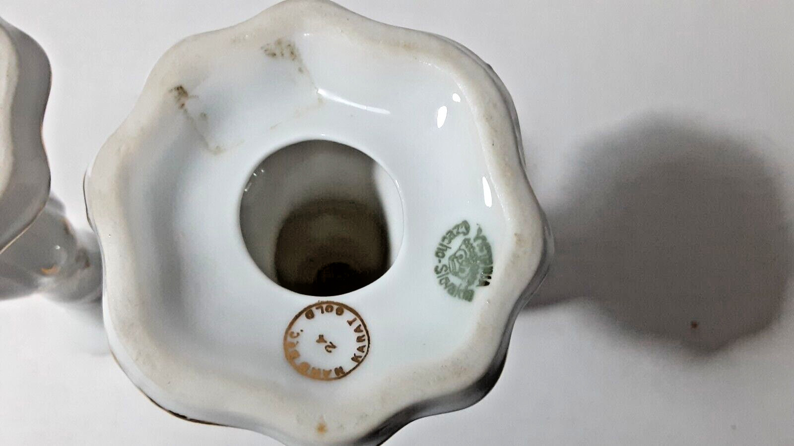 candle holders Victoria China Czechoslovakia 24kt gold White hand painted 5 1/2″