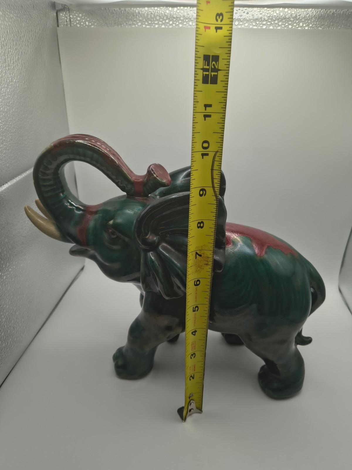 Vtg Elephant Pottery/Ceramic Green Red Glaze 10 inches tall by 11 inches wide