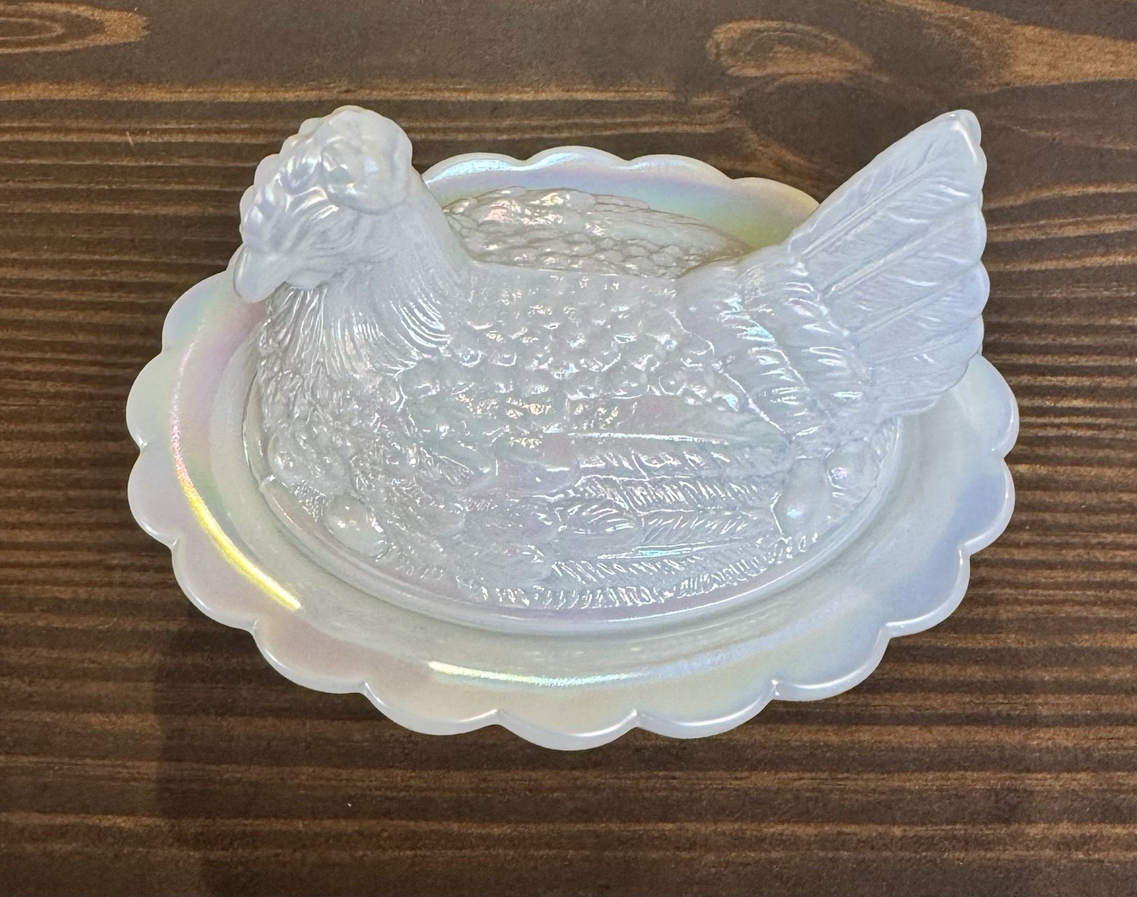 ESTATE White Milk Glass Carnival SPLIT TAIL Hen On Nest Iridescent STUNNING!!