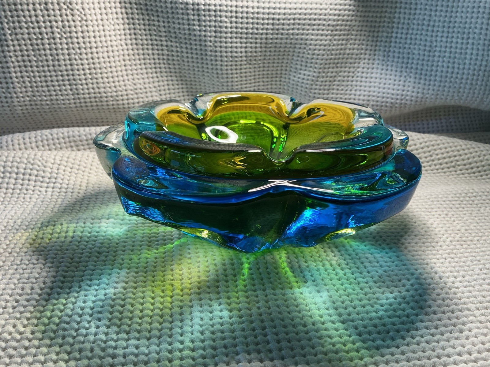 Murano Sommerso Blue Green Yellow Ashtray Flower Shape Bowl Italian Art Glass