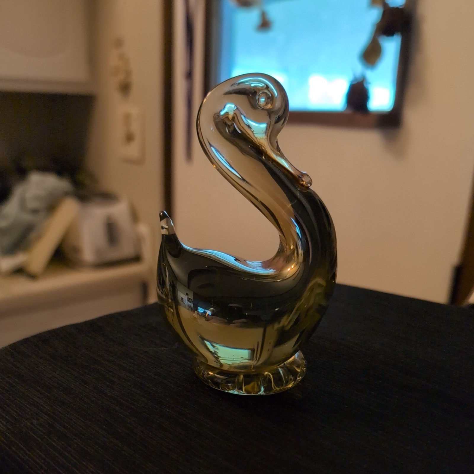 Rainbow Oil Slick Gray To Clear Hand Blown Glass Swan Paperweight 4” Tall