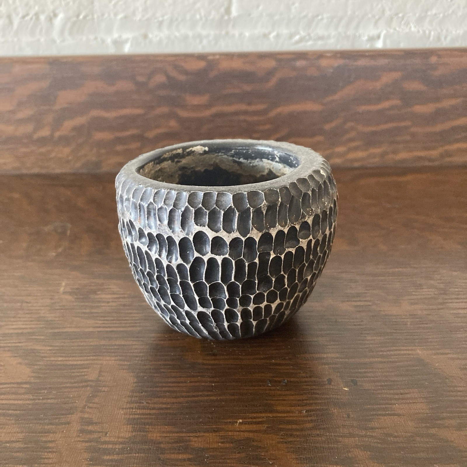 Vintage Studio Pottery Black Carved Texture Pinch Pot Signed PVL MCM