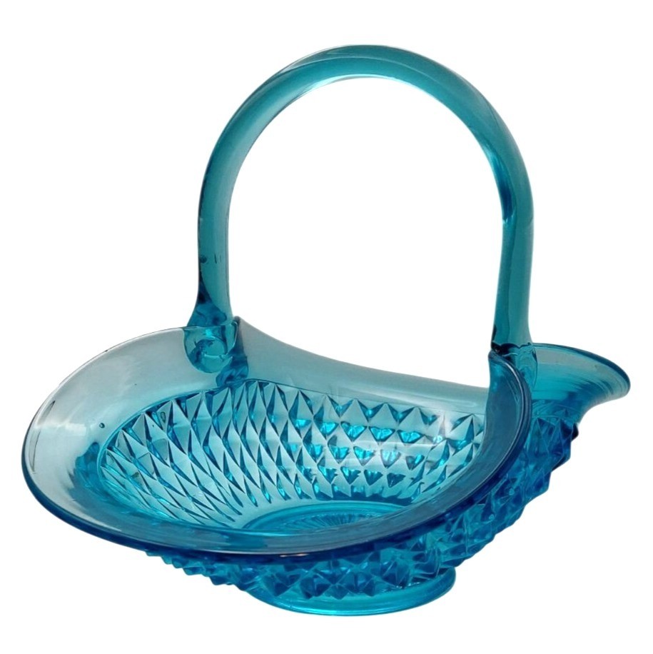 Vintage Tiara Indiana Pressed Glass Diamond Point Horizon Blue Handled Basket