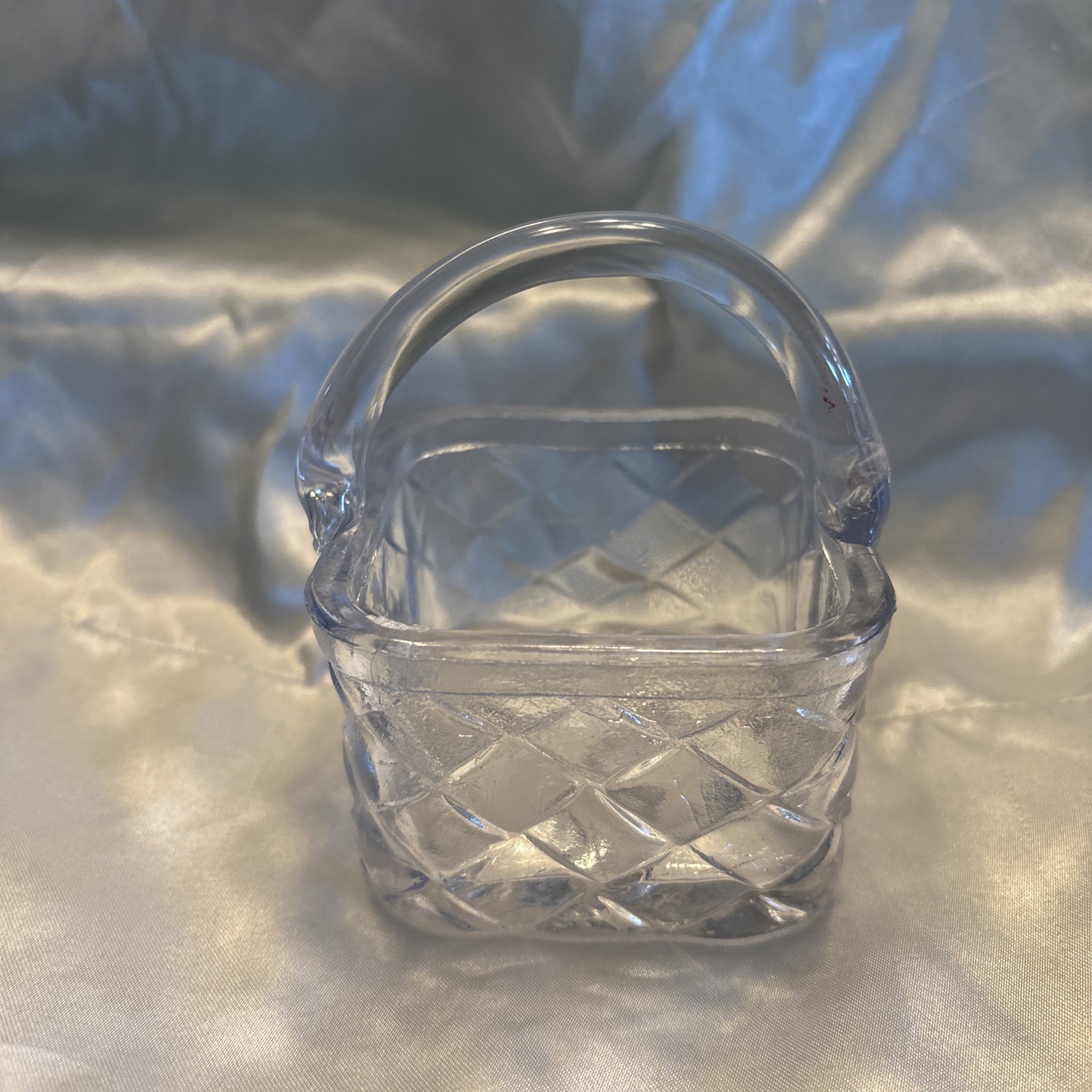 Vintage Small Square Glass Basket with Applied Handle Weave Pattern