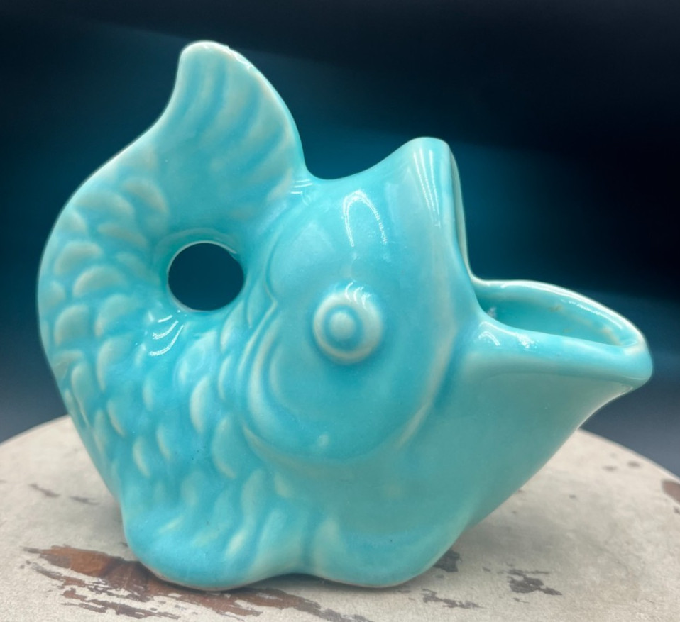 Vintage Turquoise Ceramic Shawnee Pottery Fish Planter Open Mouth 4.25×3.5 USA