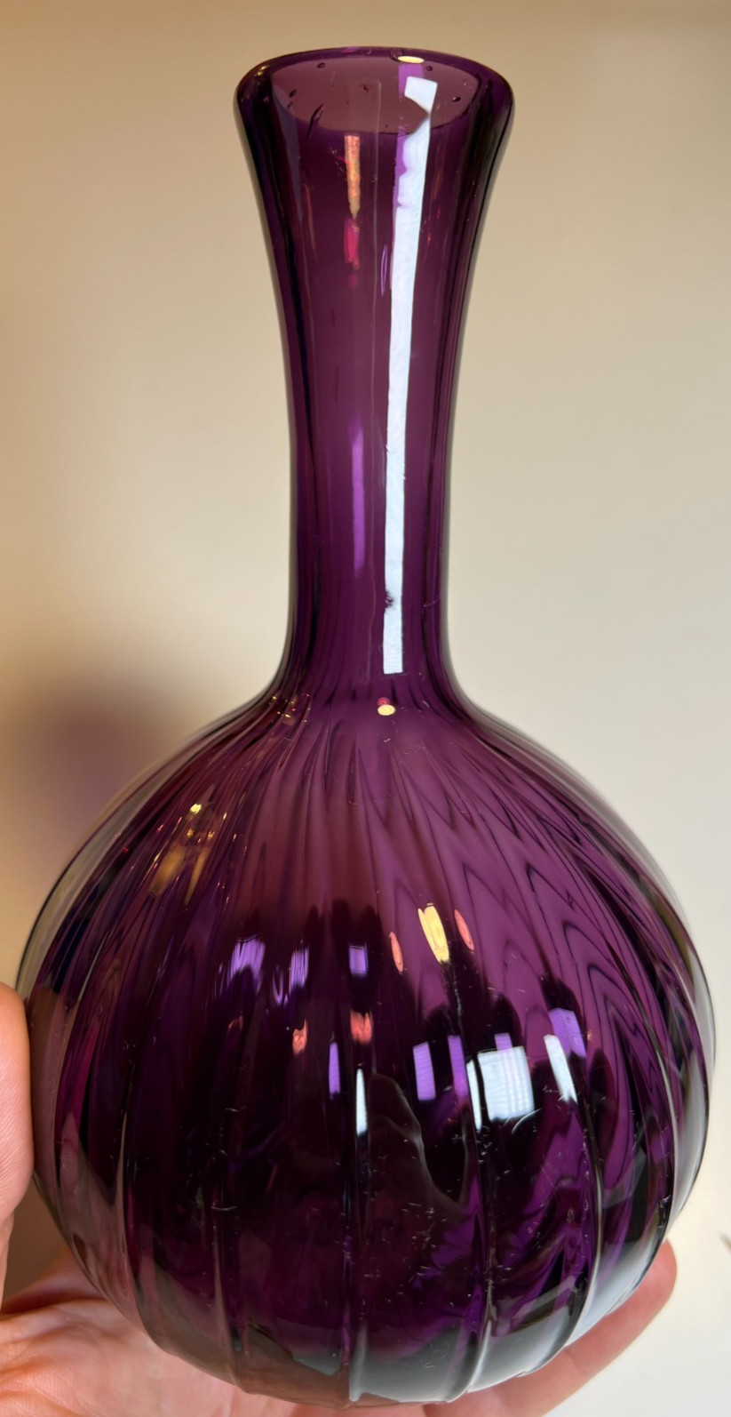 Vintage MFA BOSTON Hand Blown Amethyst Purple Art Glass Vase Ribbed Melon Onion