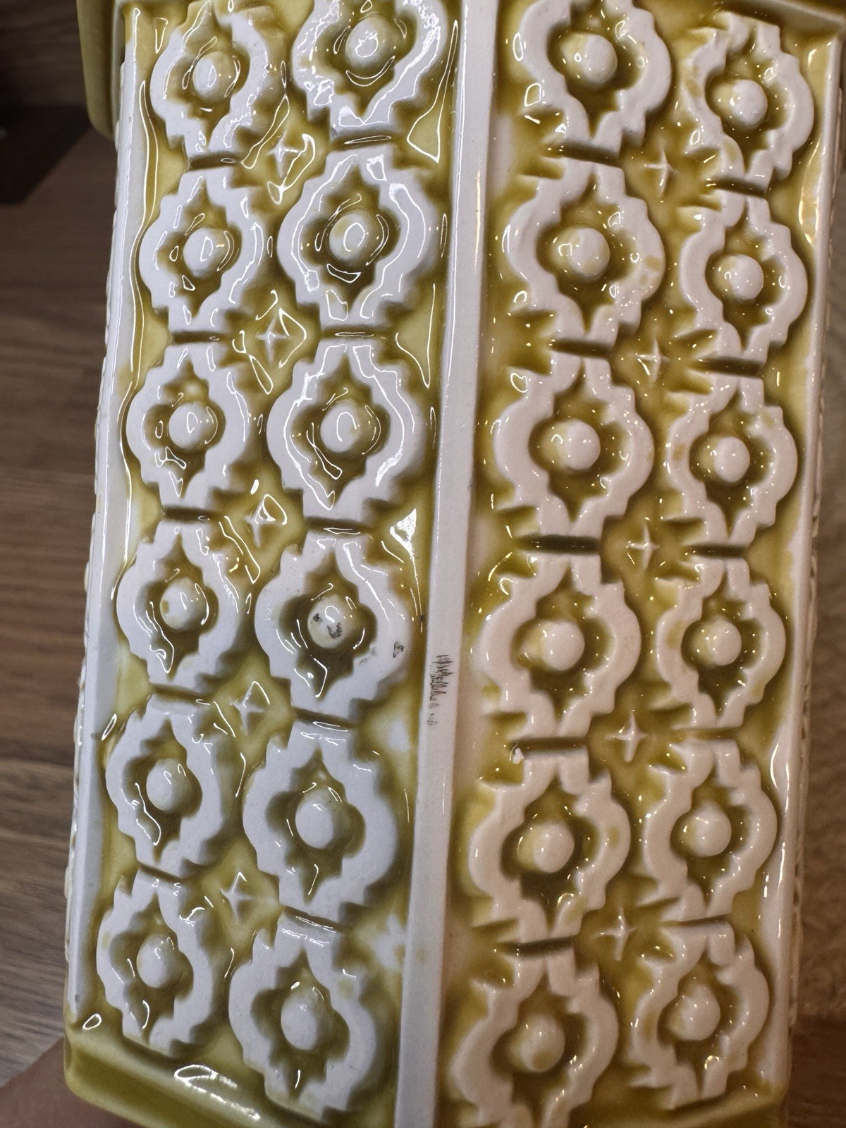Vintage Relpo 5960 Ceramic Planter MCM Geometric Chartreuse And White 7”