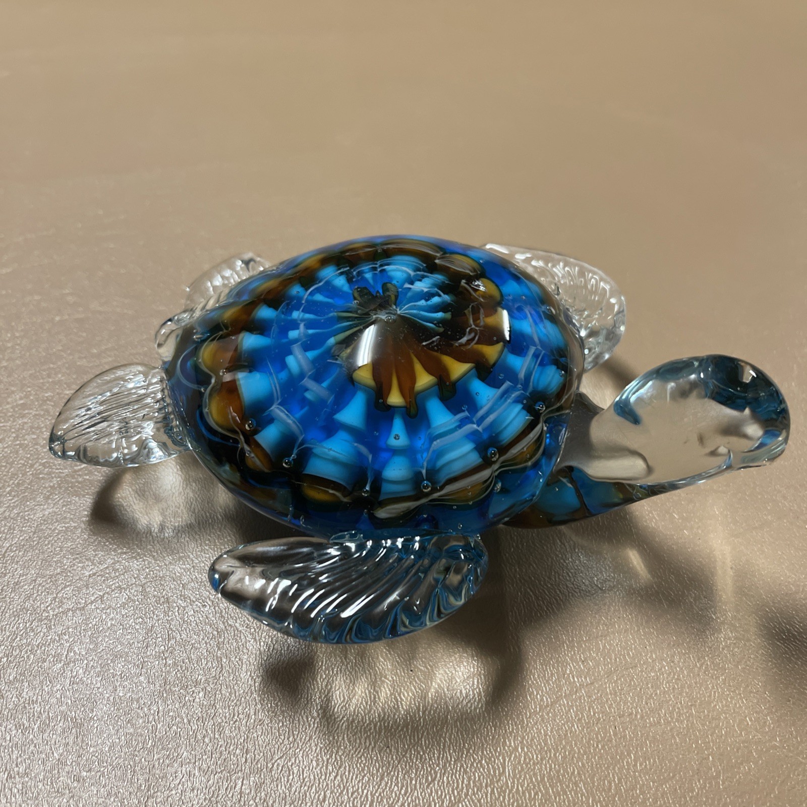 Art Glass – Handblown Spiral pattern SEA TURTLE Paperweight 6″ length –