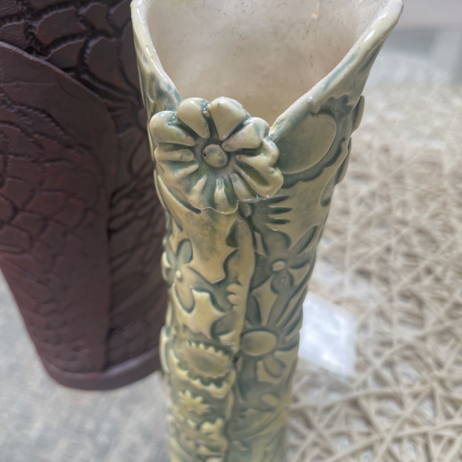2 Mid Century impressed & Incised Decorated Pottery Cylinder Vases – Signed RARE