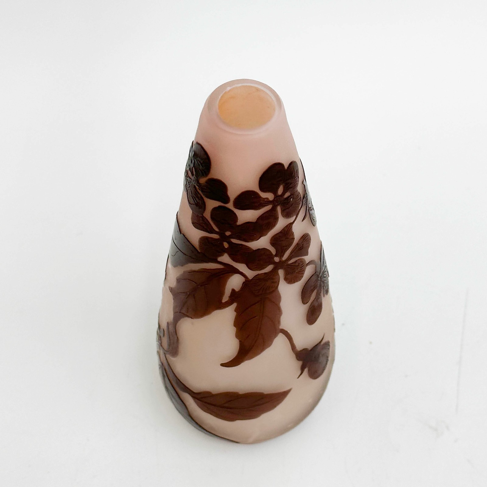 Emile Galle Acid Etched Cameo Art Glass 5.75in Vase Pink Brown Blossoms c1900