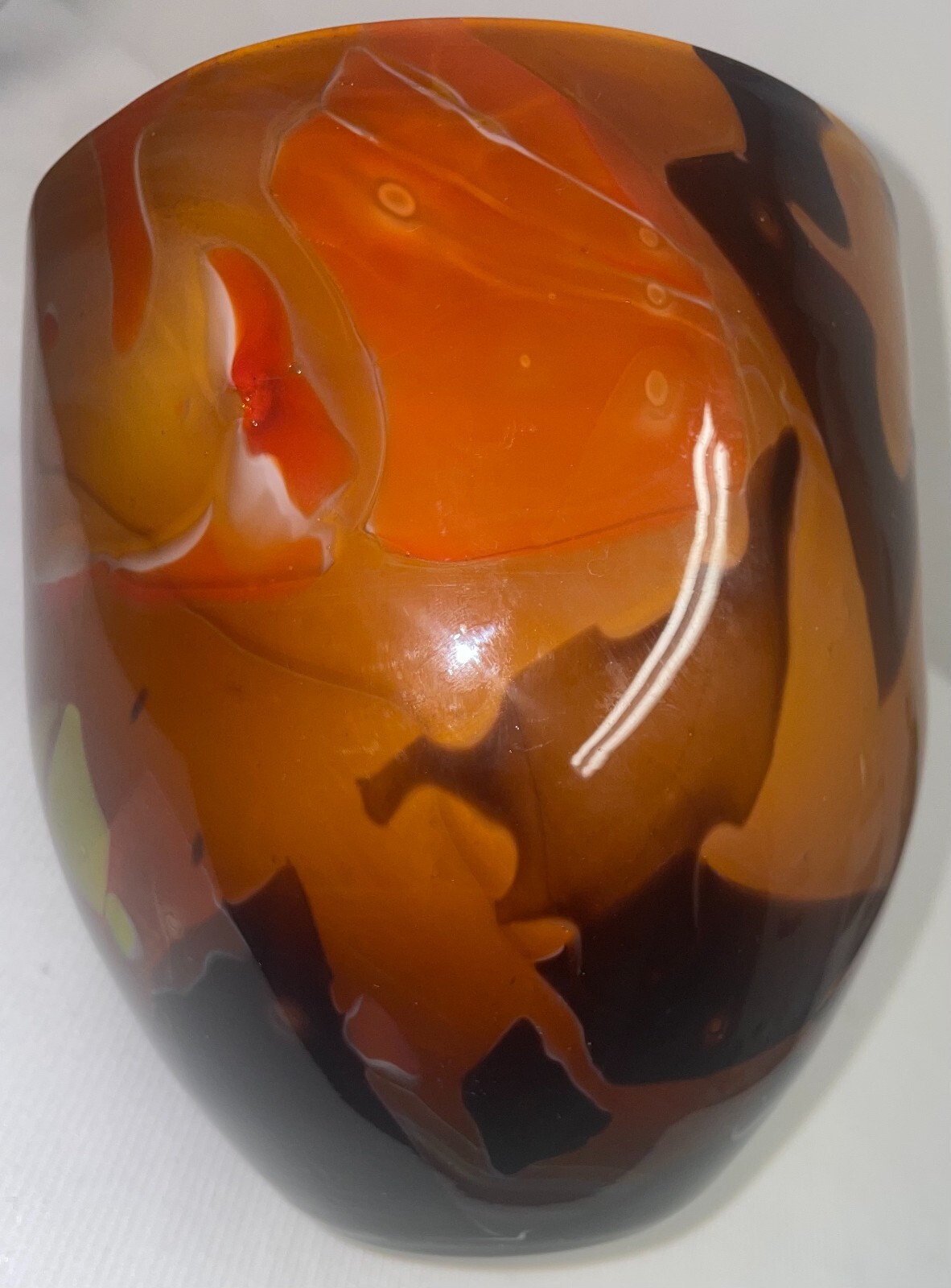 Hand Crafted Art Glass Bowl Vase Yellow Orange Black Brown & White 7 1/2 Inches