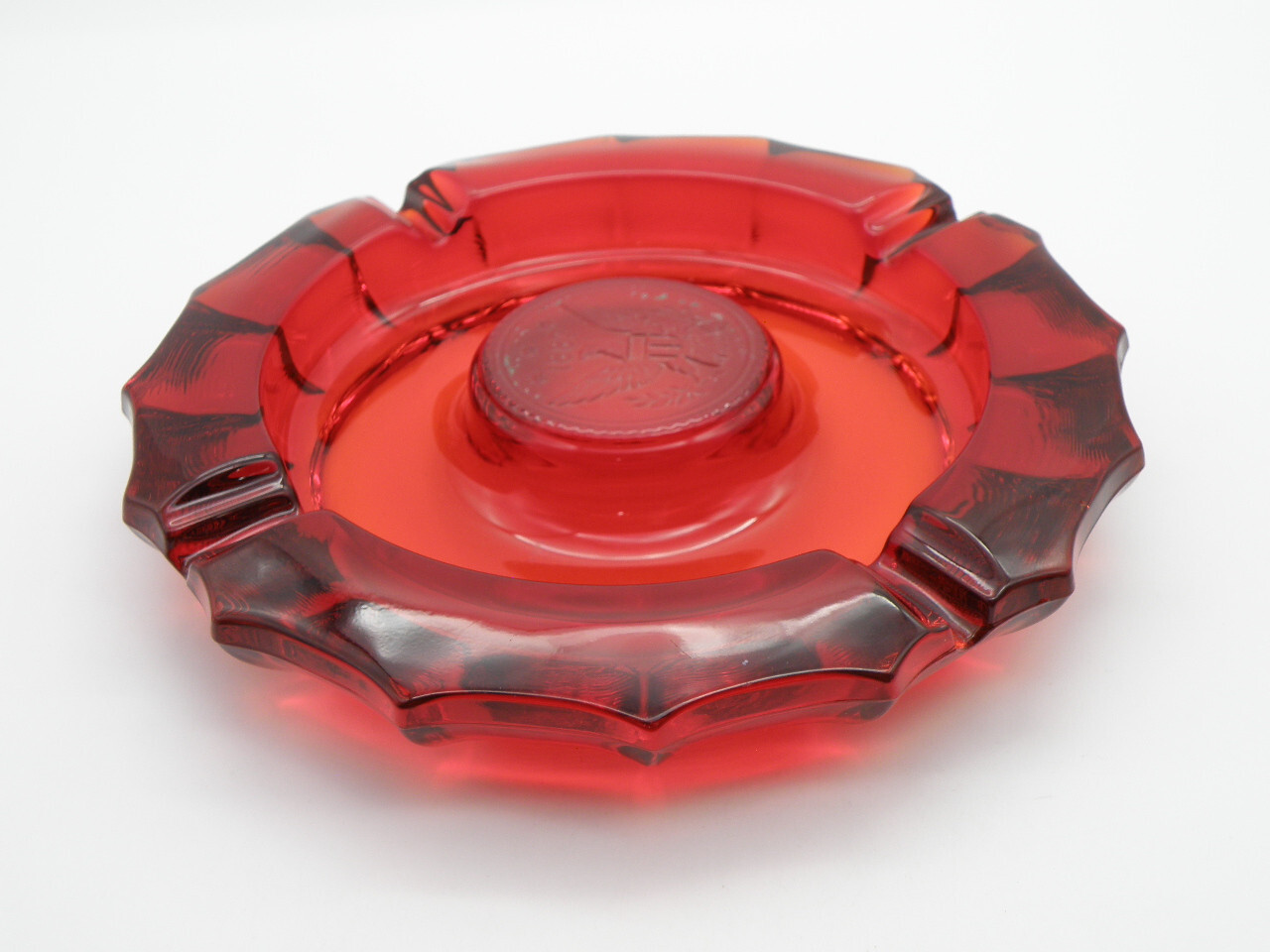 Vtg Ruby Red FOSTORIA American Eagle Coin 1887 Glass Cigar Cigarett Ashtray 7.5″
