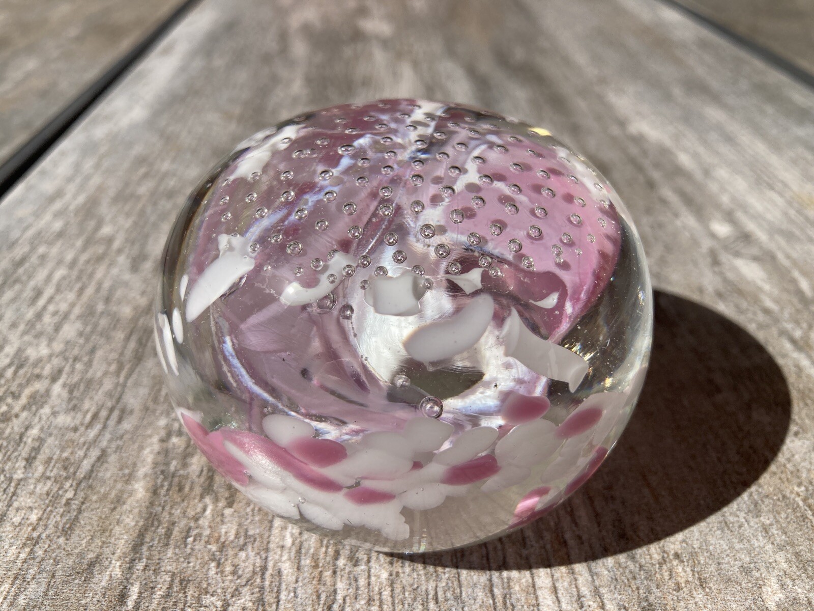 Vintage Clear Glass Paperweight Pink White Swirls Controlled Bubbles Signed Sam
