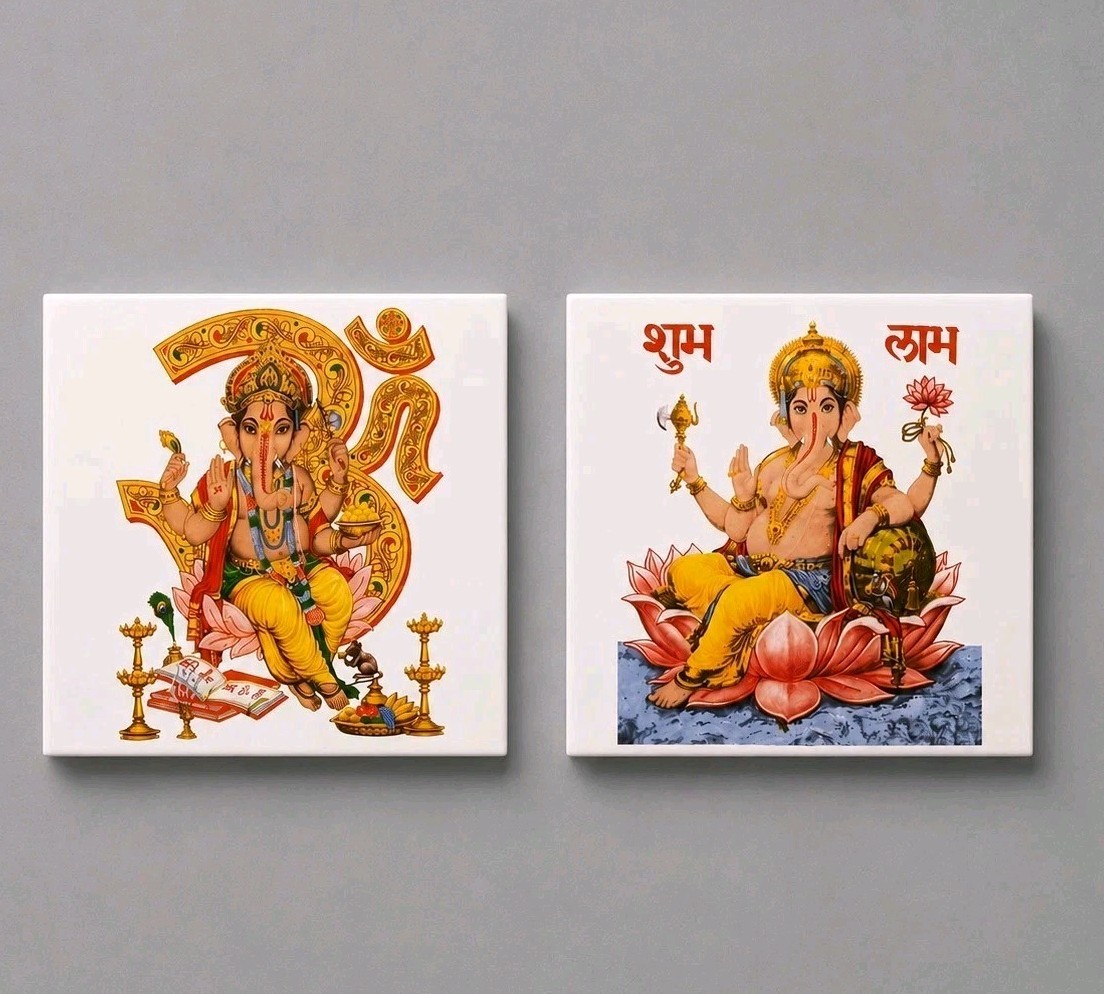 *chips* Vintage Ganesha Om Shubh Labh Ceramic Tile Plaque Set Hindu India Yoga