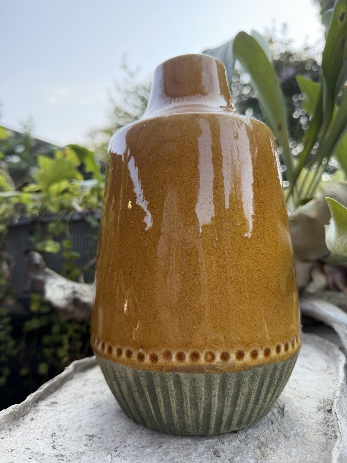 Vintage Studio Pottery Vase Amber Crackle Glaze Olive Green Ceramic 10” Decor