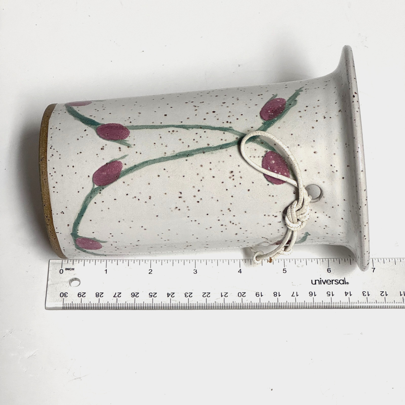 Studio Art Pottery Gray Speckled Stoneware Vase Crock 6.75″ Flower Buds SIGNED