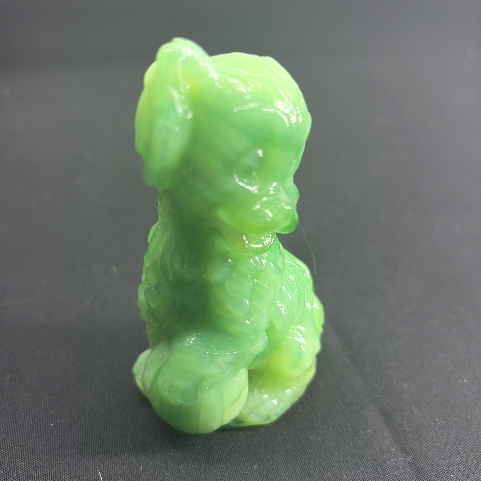 Boyd Skippy Dog Figurine Mint Green Slag 3.5″ Vaseline Uranium Glass Glow HTF