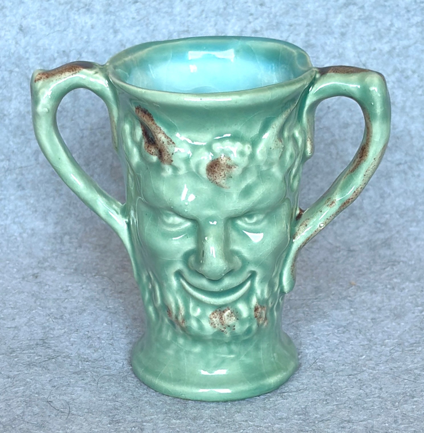 Antique Griffen, Smith & Hill Pottery Etruscan Majolica devil face vase 4″ EX!