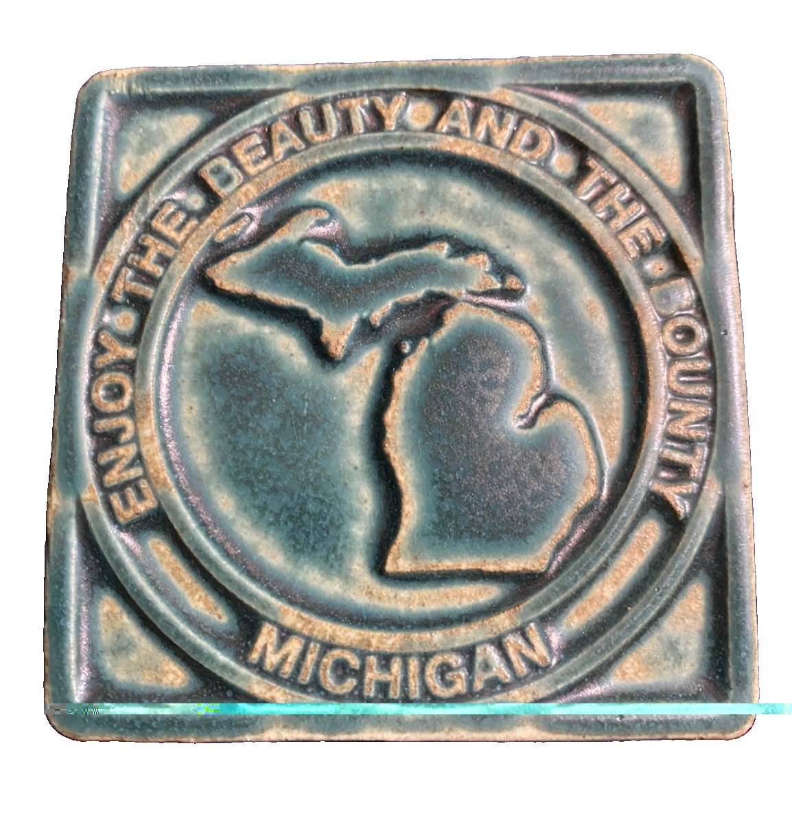 Pewabic Detroit Pottery Tile 3.5” Blue Beauty & Bounty Michigan 2006 Vintage