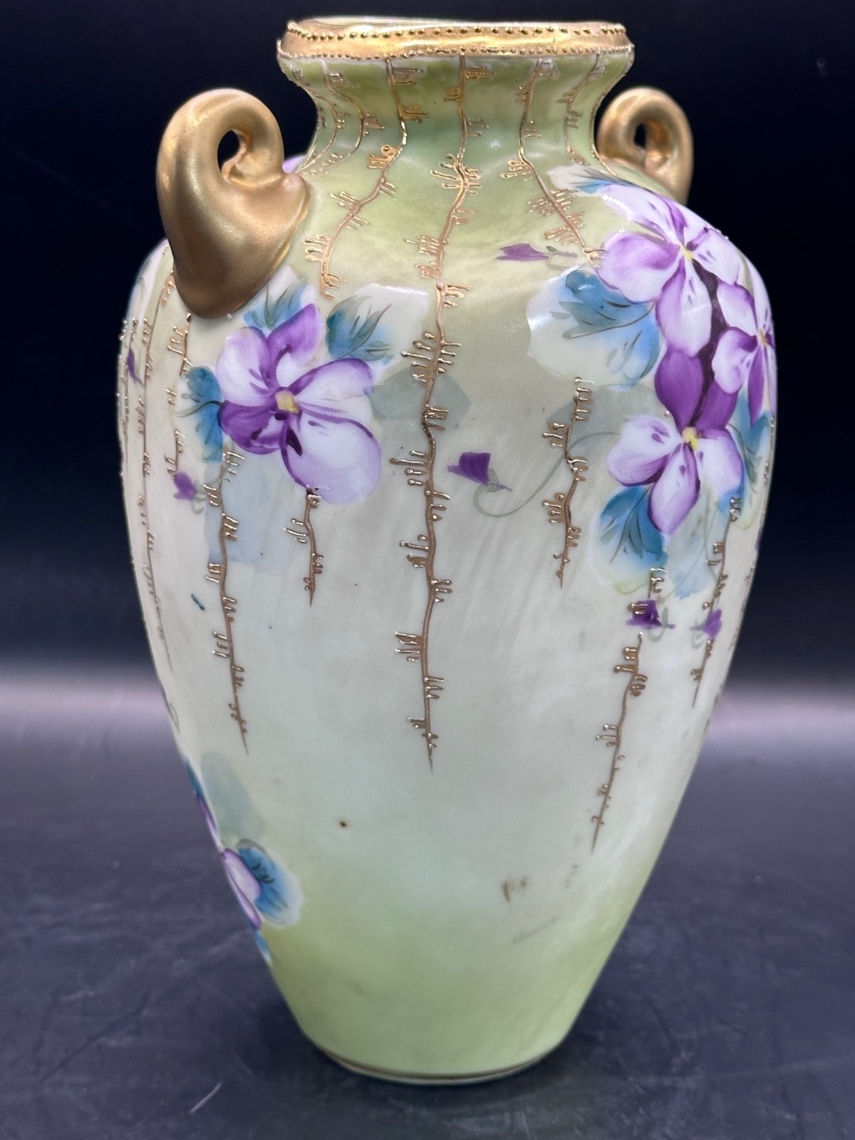 Antique Nippon Porcelain Amphora Vase Purple Violets Gold Moriage Art Nouveau