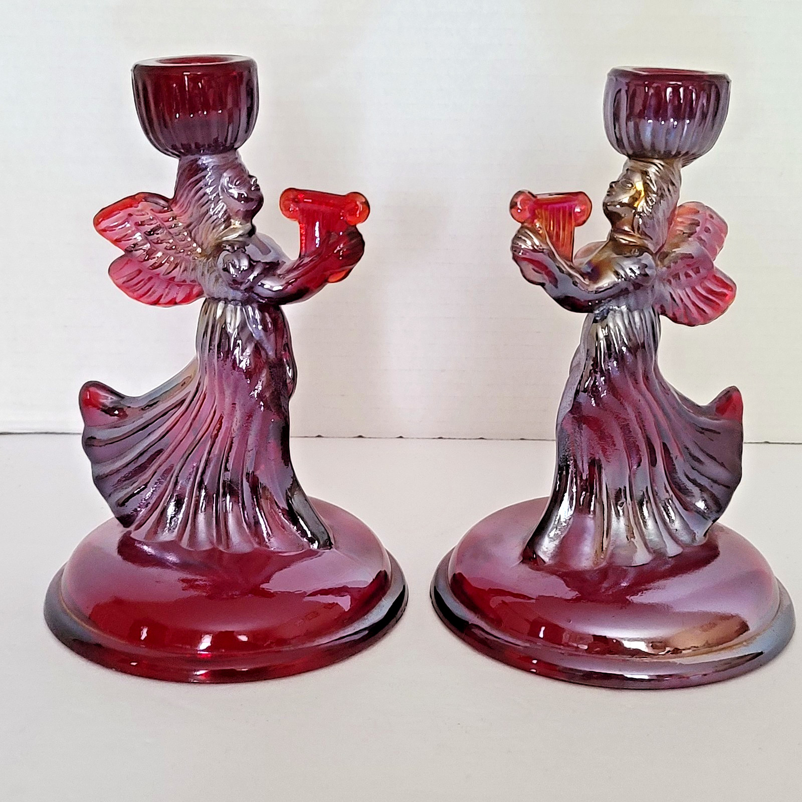 Pair Of Red Carnival Glass Angel Candle Holders Glows Orange Under Blacklight