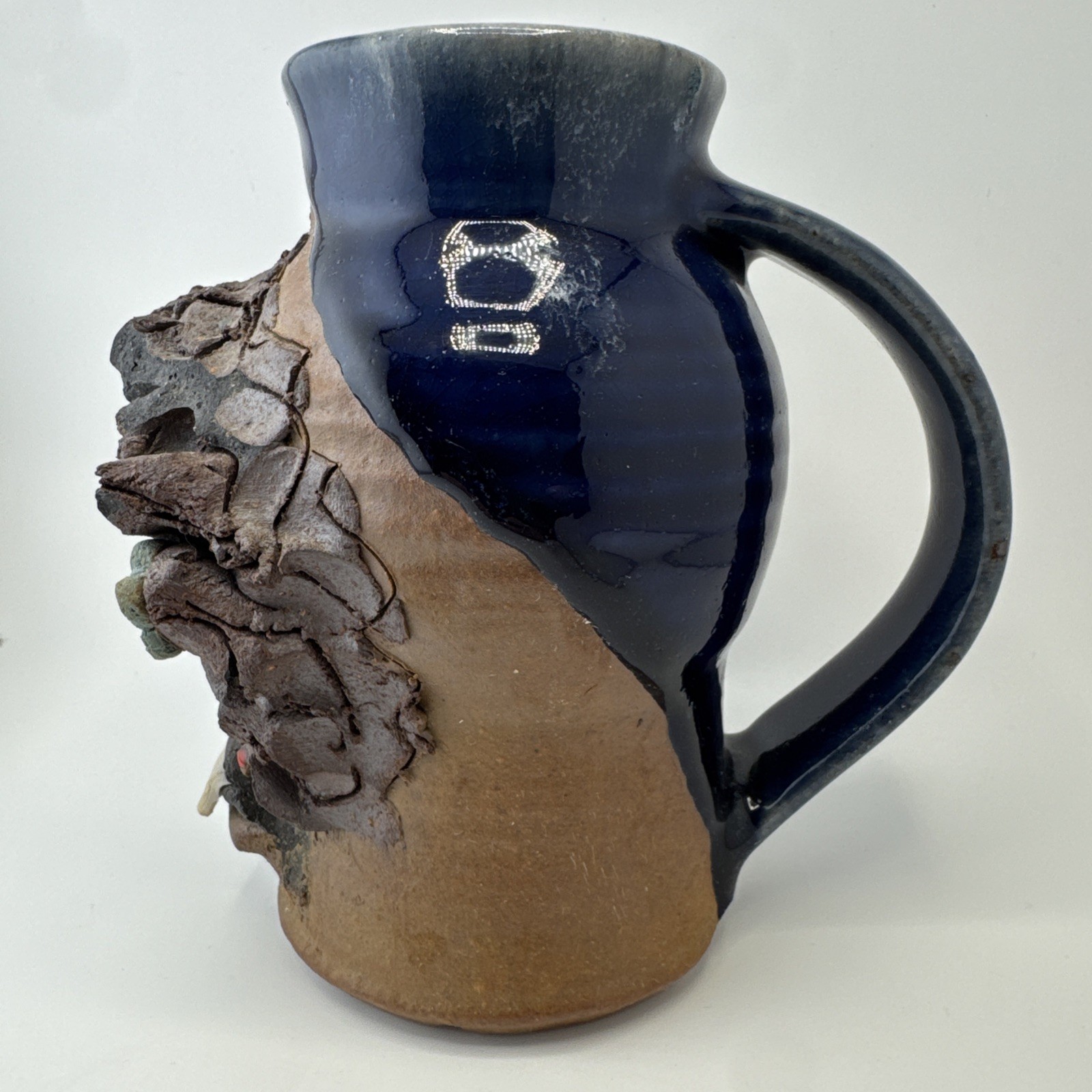 Vintage Handmade Ugly Face Pottery Stoneware Mug Blue Office Woman Typing