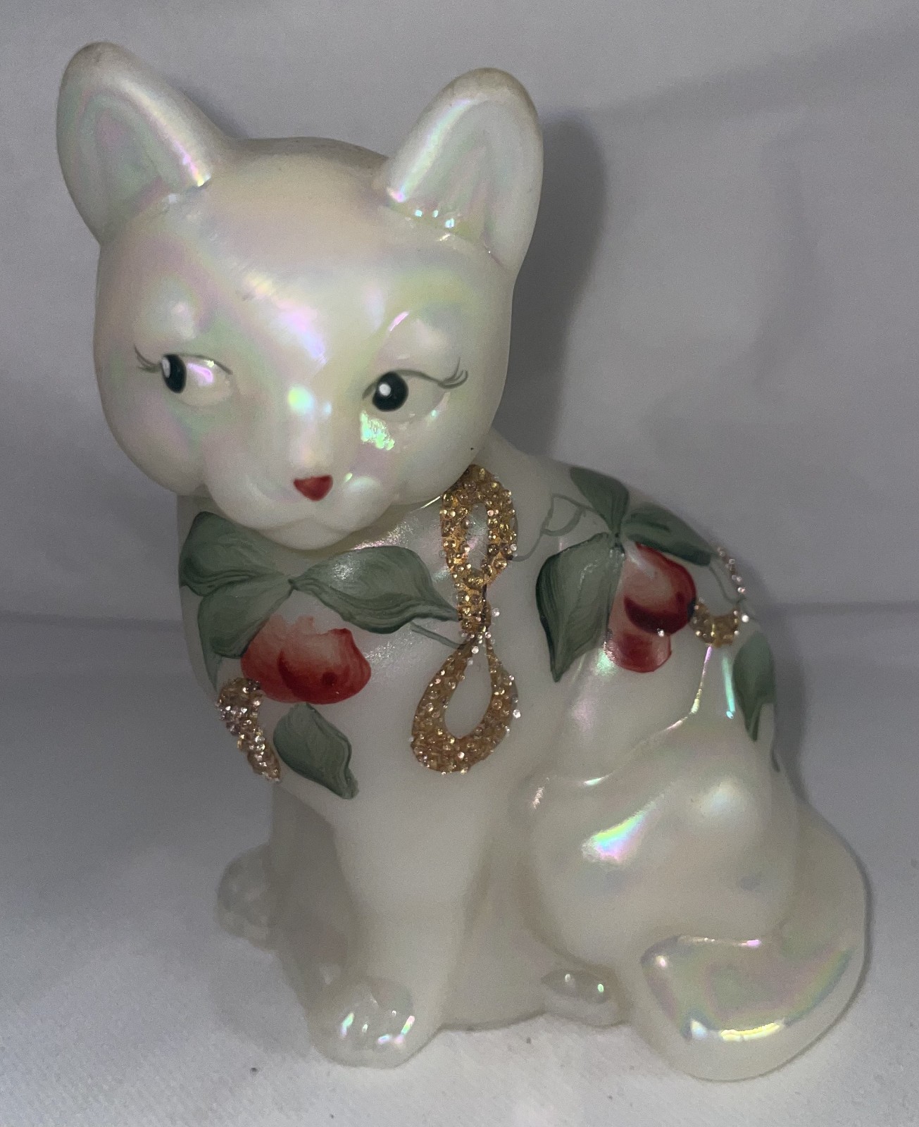 Fenton Opalescent Glass Cat Hand Painted, Signed, Floral Glitter Christmas