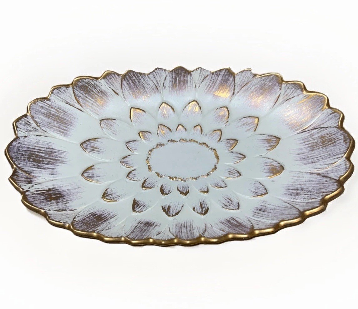 Vtg Royal Haeger 22 K Gold Tweed Long Dish Bowl 1960s 16” x 9” Flower Petals