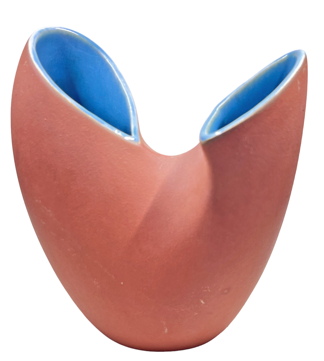 Art Pottery Handmade Vase Terracotta & Blue Glazed Interior Signed Cool Shape