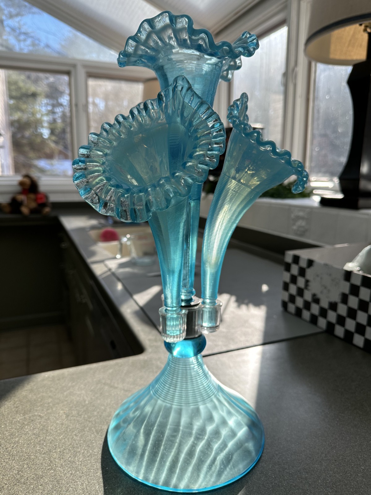 Fenton Large triple Jack in the Pulpit Blue carnival glass vase c.16″ tall
