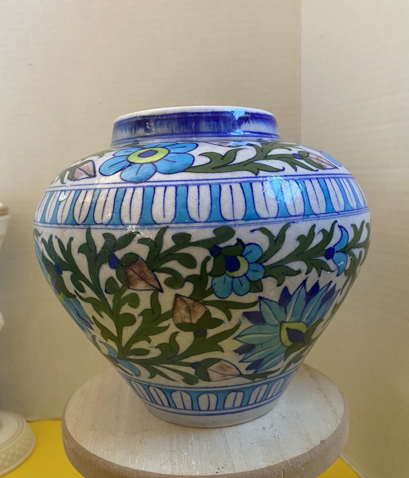 Handpainted India Pottery Glazed Rounded Vase 7” X 6.5” Fantastic Colors