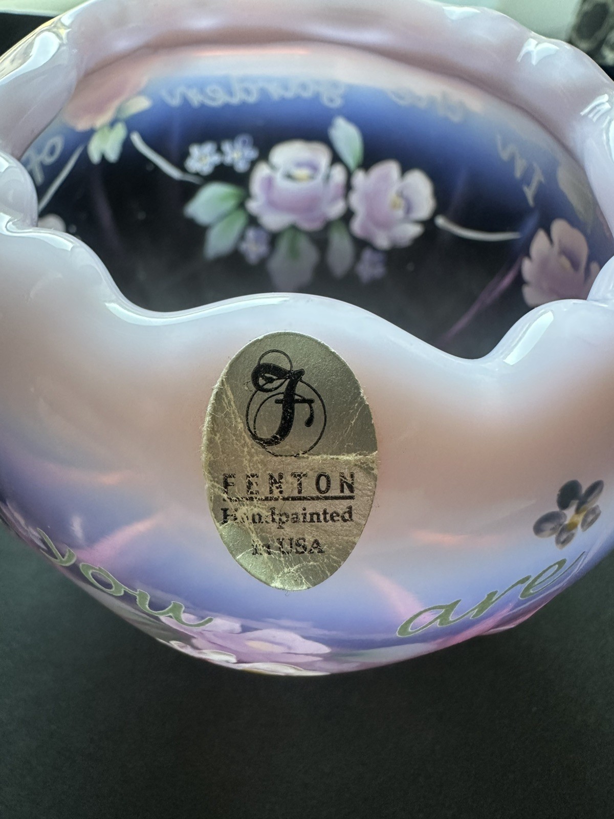 FENTON PINK OPALESCENT GLASS PAINTED ROSE BOWL “IN THE GARDEN OF FRIENDSHIP”