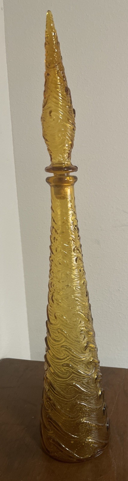 Vintage Amber Italian Empoli Glass Bottle With Stopper Wave Pattern