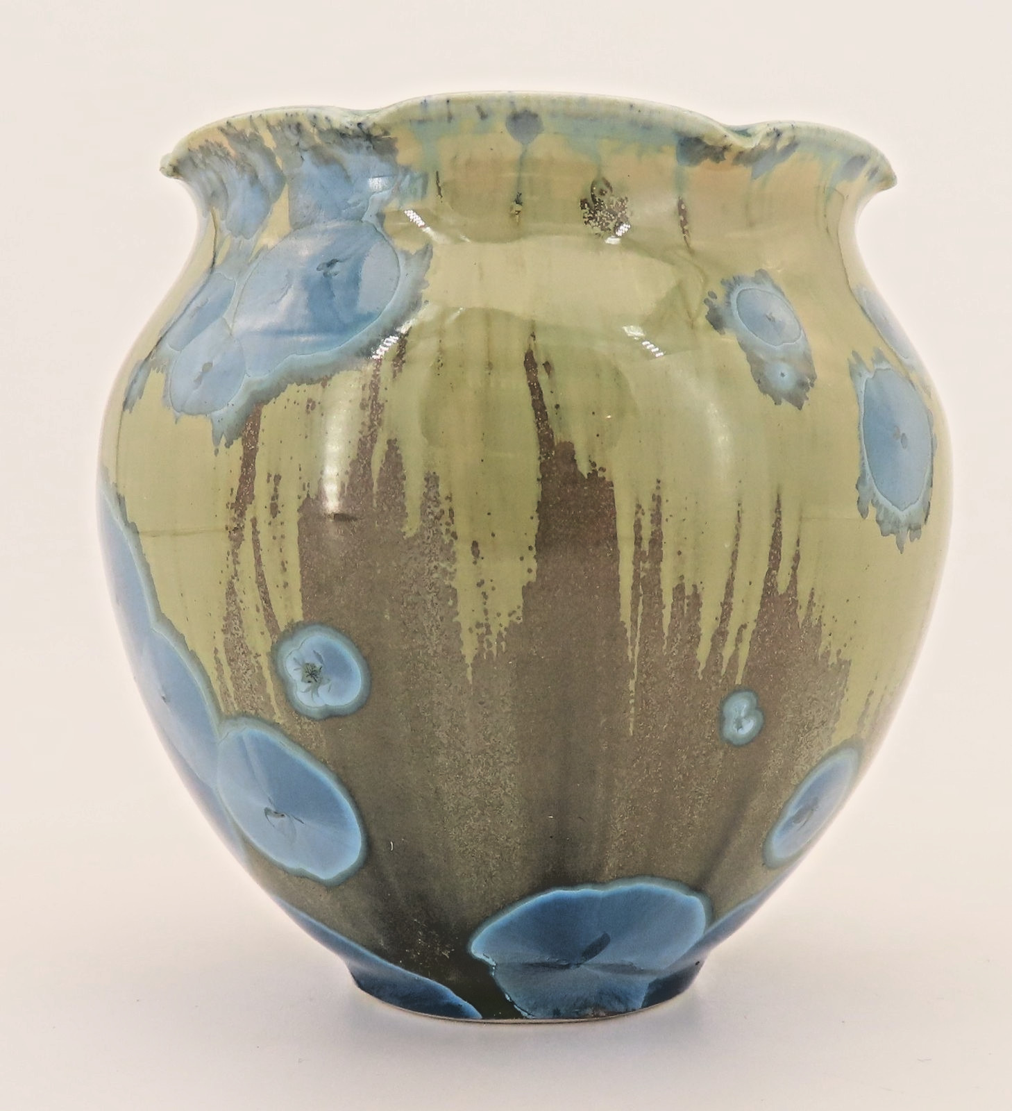 Crystalline Glaze Mini Pottery Vase Jar Blue Crystals Artist Signed 3.25″ High