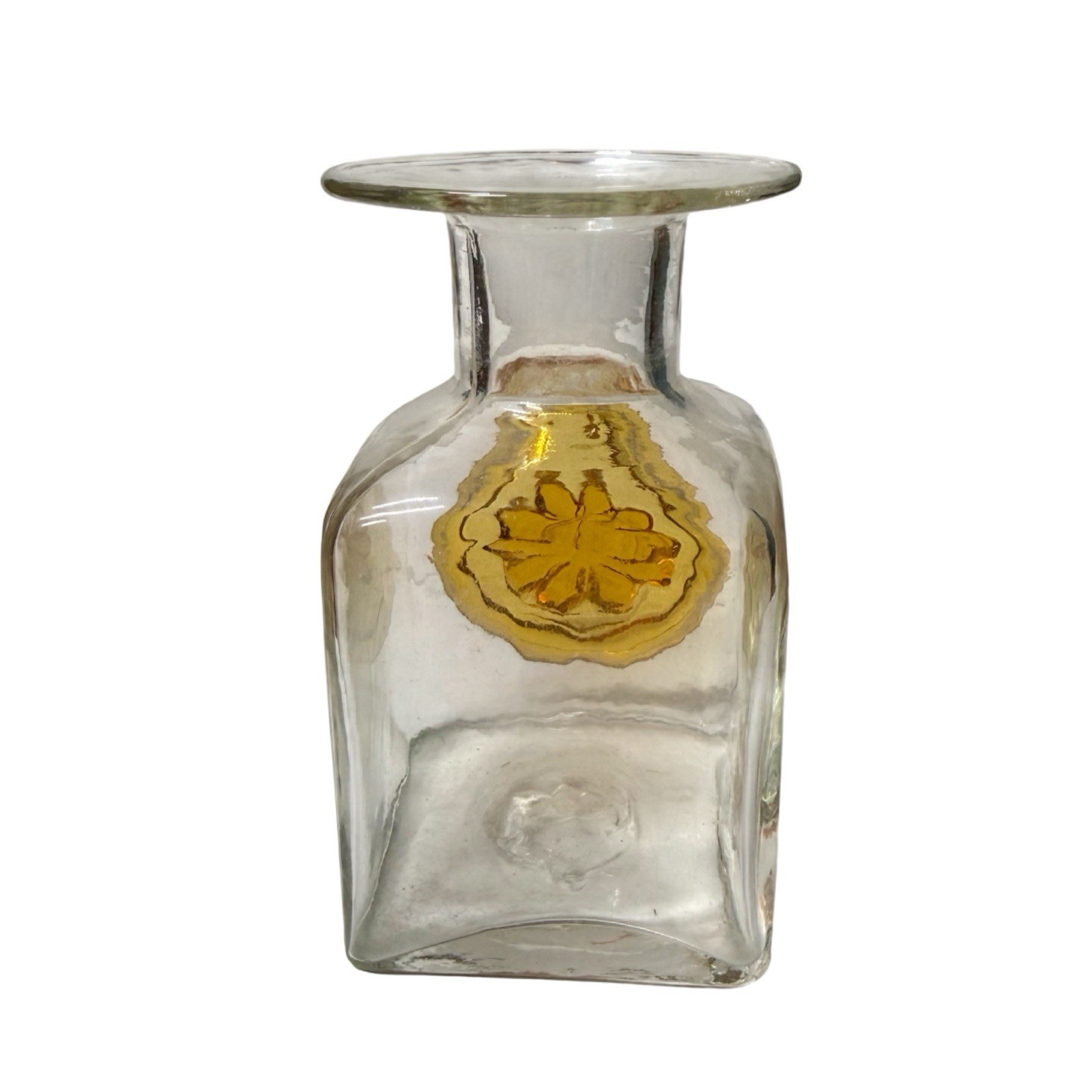 Vintage RAINBOW ART GLASS Mini Decanter, NO STOPPER, Amber Flower Medallion