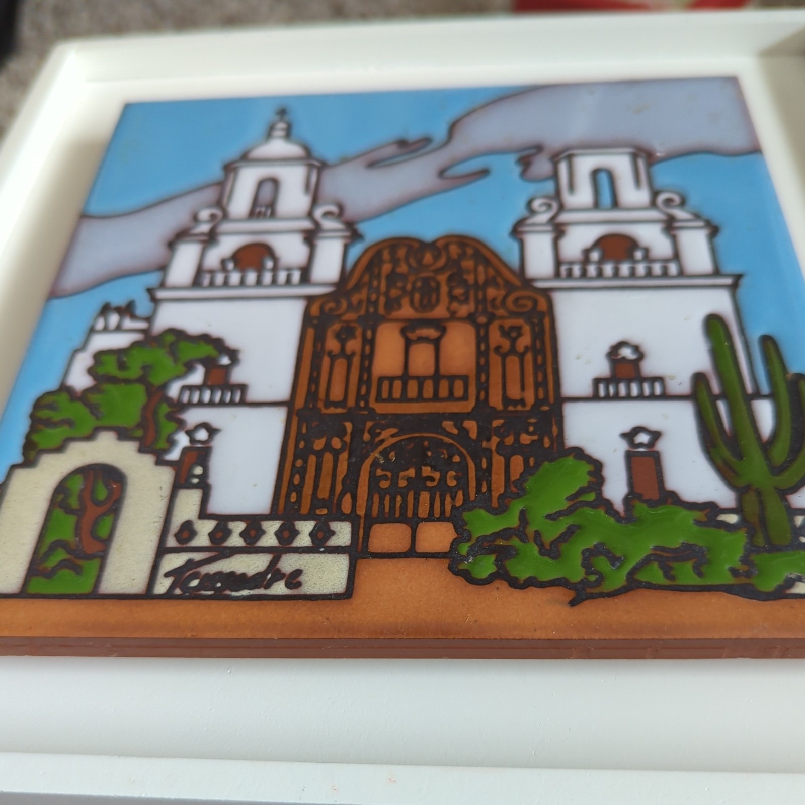 Vintage Cleo Teissedre Designs 6×6 Tile of San Xavier del Bac Mission Trivet