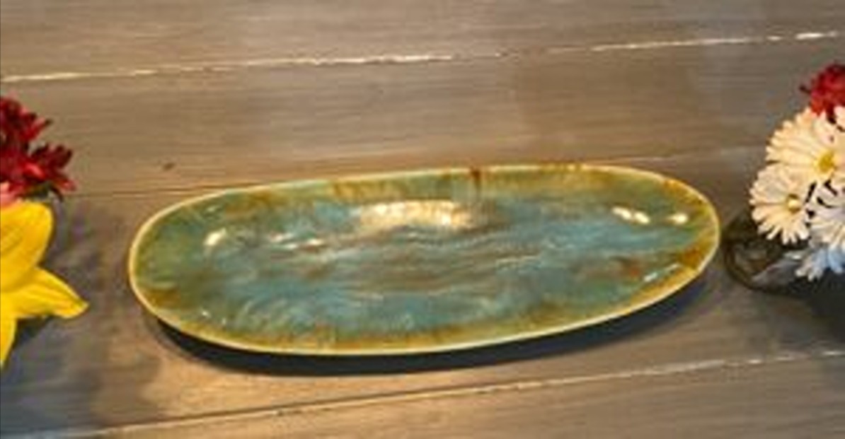MCM Studio Pottery Console Bowl 22″ Turquoise Drip Glaze Serving Platter Tray
