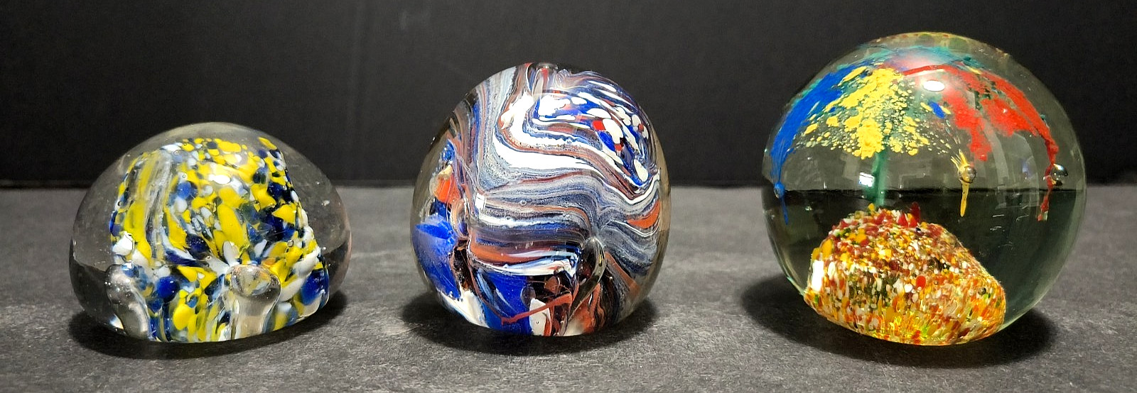 Vtg 1970s Lot of 3 Glass Paperweights Multicolor Egg Shaped, Half Sphere, Round
