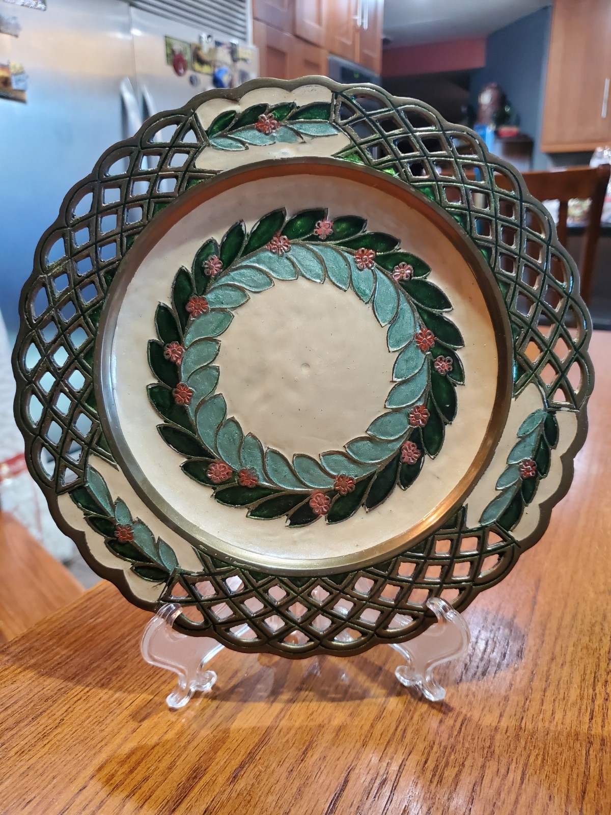 Cloisonné Brass Wall Hanging Plate w/Enameled Floral & Wreath Design