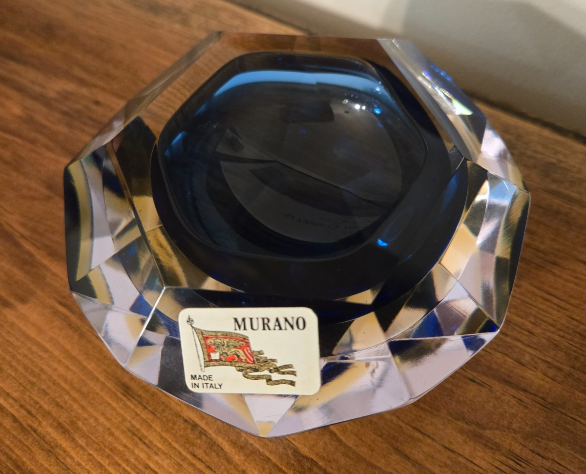 Vintage Murano Italy Faceted Art Glass Bowl Blue Amber Sommerso Label 4.7″