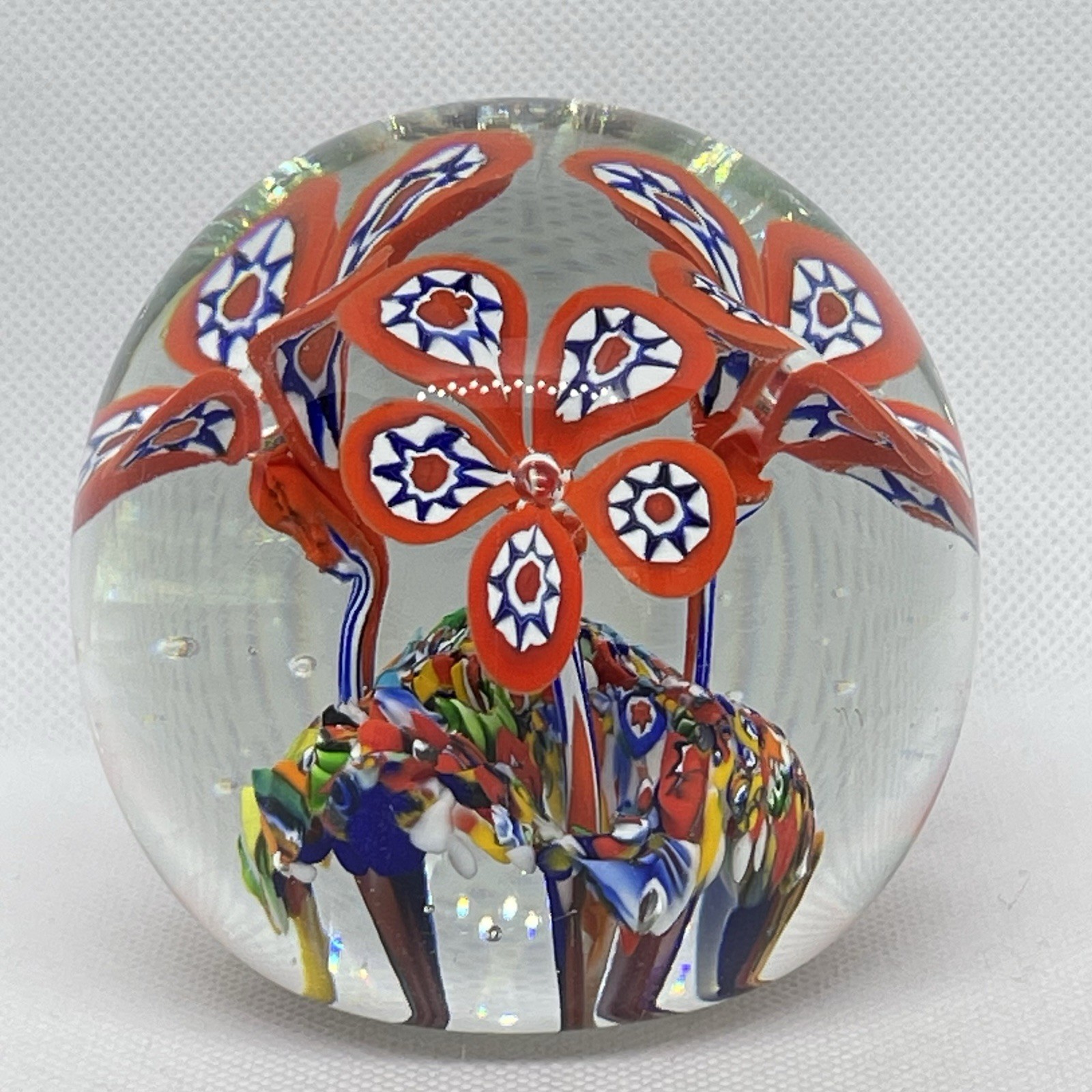 Gentile Glass Paperweight 3.25″ Millefiori Trumpet Flowers Multicolor – READ