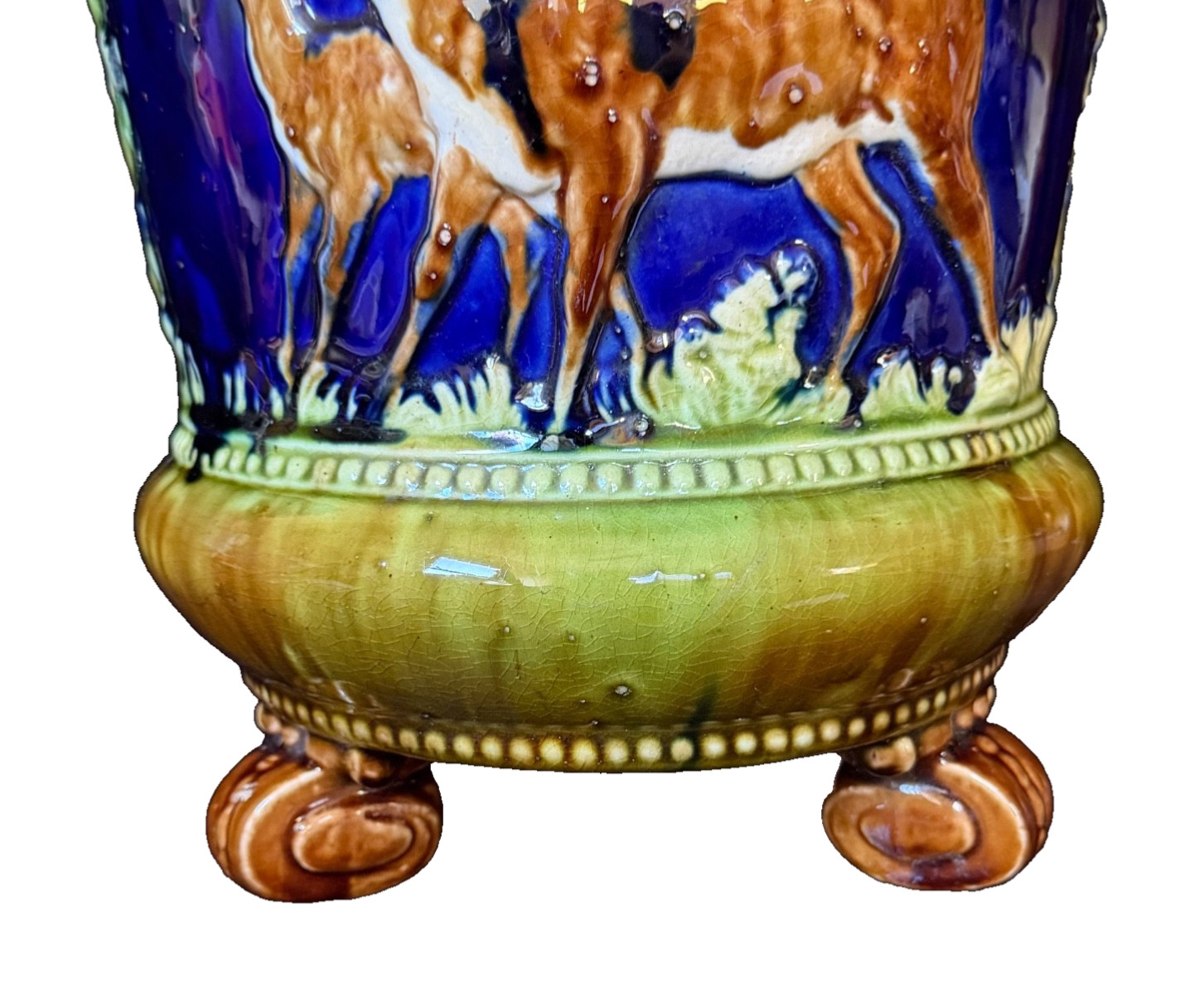 ENGLISH MAJOLICA DEER & TREES JARDINIERE Thomas Forester c1880 (Prof. Restored)