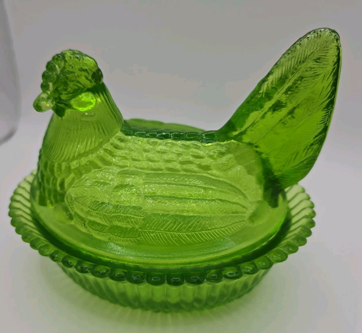 Vintage Boyd GREEN/EMERALD Hen On A Nest Candy Dish 5” “RARE HEAD TURNED” MINT!