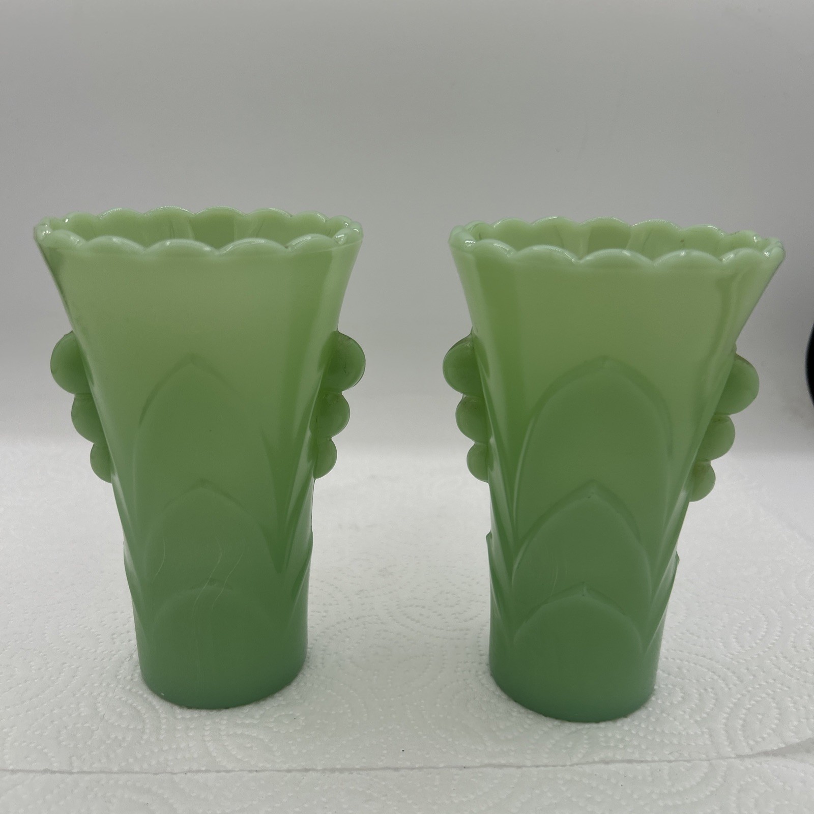 Fire-King Jadelite Art Deco Scalloped Bud Vases 5 in H x 3 in W