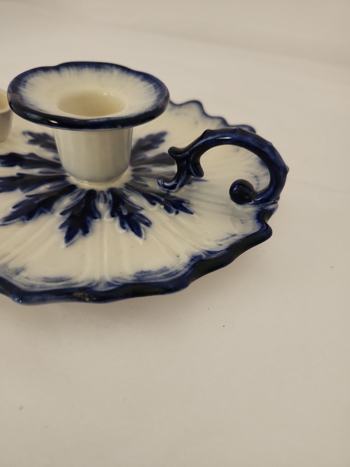 Staffordshire Blakeney Blue & White Victoria Chamber Candle Holder W/ Snuffer