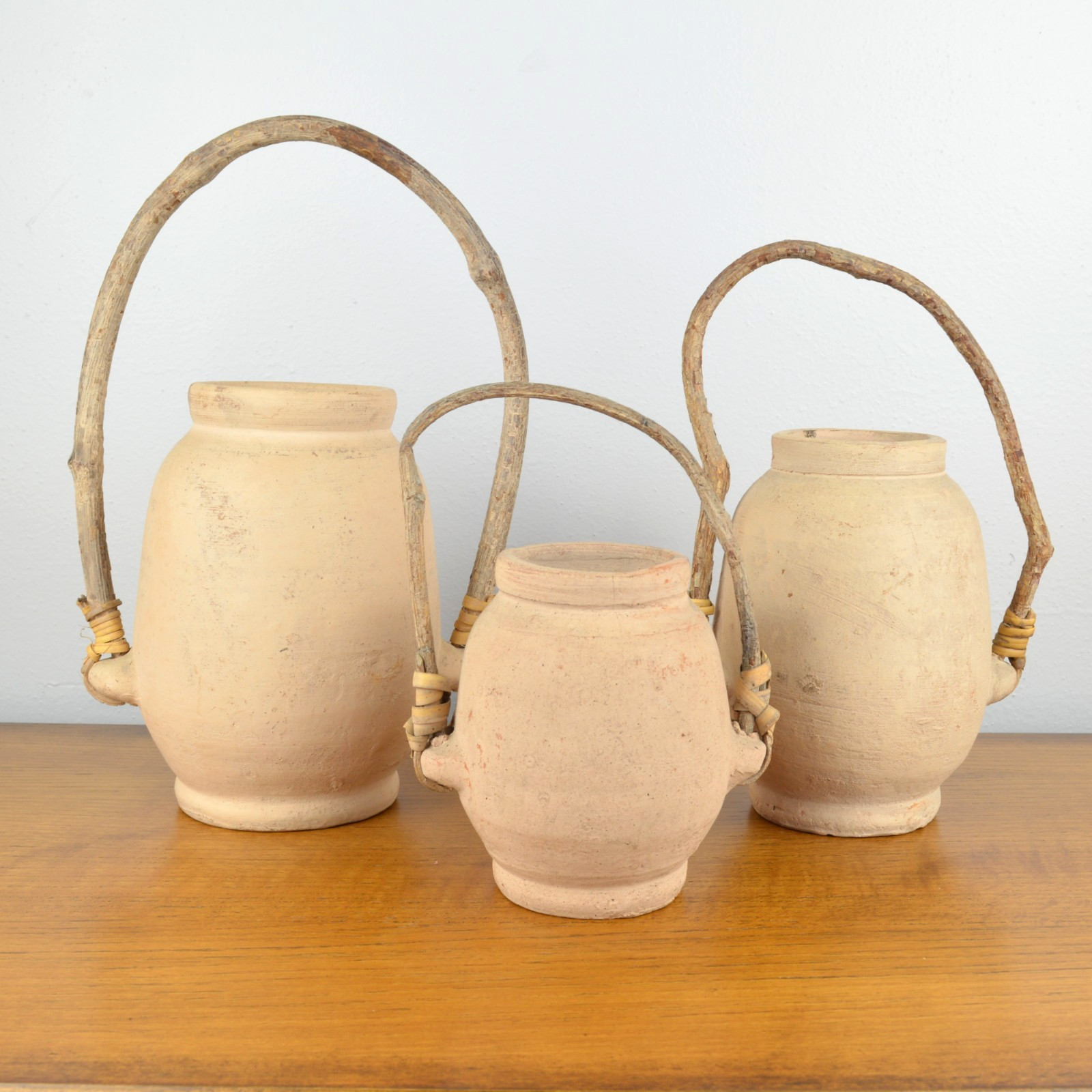 Raw Clay Vase Set of 3 Twisted Branch Handles Rustic Pottery Boho Chalky Decor
